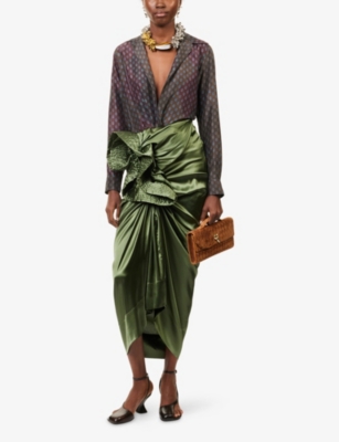 Dries Van Noten Womens Khaki Draped Silk-satin Midi Skirt In Green