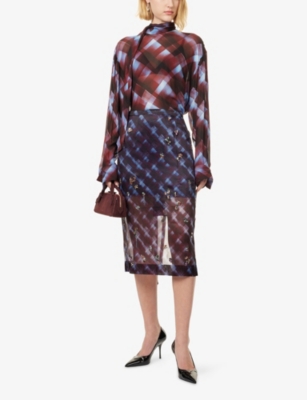 Dries Van Noten Womens  Embellished Printed Silk Midi Skirt In Burgundy