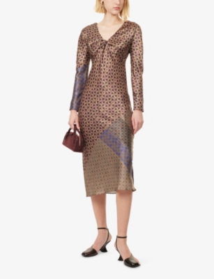 DRIES VAN NOTEN: Printed V-Neck Silk Midi Dress