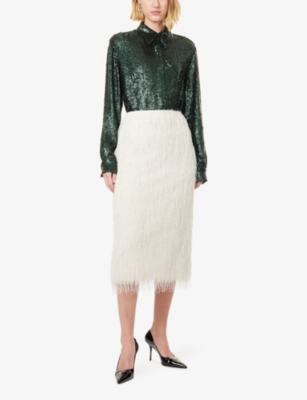 Dries Van Noten Womens  Fringed High-waist Woven Midi Skirt In White