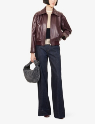 Bottega Veneta Women Bordeaux Crop Jacket With Intreccio Motif Collar And Dropped Shoulders In Leath In Brown