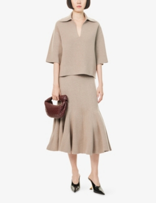 Bottega Veneta Womens Beige Flared High-waist Cashmere-blend Midi Skirt In Neutral