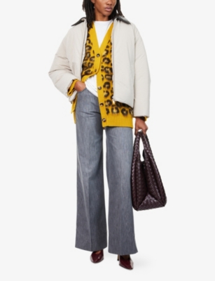 Bottega Veneta Womens Grey Putty Leather-collar Relaxed-fit Woven-down Jacket In White