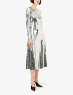 Bottega Veneta Womens Sequin Flared Woven Midi Dress Silver In Metallic