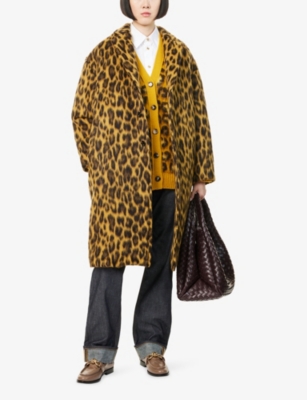 Bottega Veneta Womens Brushed Leopard Wool-blend Coat Camel Black Brown In Brown
