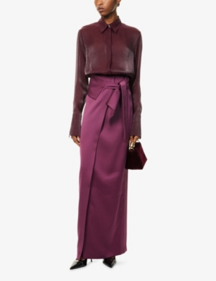 Genny Womens Rhododendron Envers Wrap-front Satin Midi Skirt In Pink