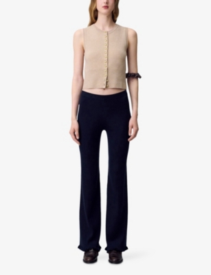 Claudie Pierlot Womens Navy Frilled-trim Flared-leg Mid-rise Stretch-knit Trousers In Blue