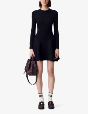 Claudie Pierlot Womens Black Flared-skirt Ribbed Knitted Mini Dress In Black