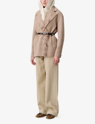 Claudie Pierlot Womens Beige Double-breasted Fringed Wool-blend Coat In Neutral