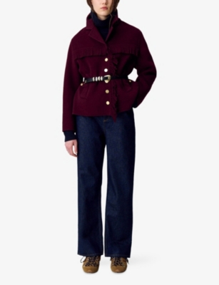 Claudie Pierlot Womens Burgundy Fringed Button-down Short Wool-blend Coat In Burgundy