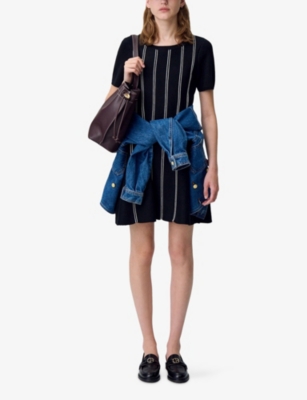 Claudie Pierlot Womens Black Striped Short-sleeved Knitted Mini Dress In Black