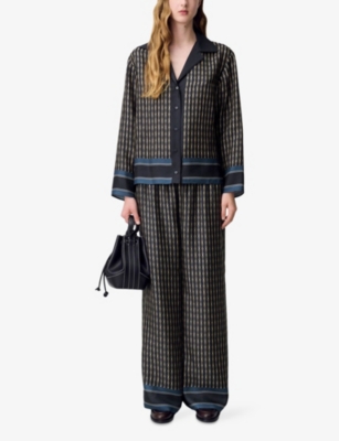 Claudie Pierlot Womens Dark Print Long-sleeved Abstract-pattern Silk Shirt In Multi