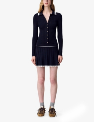 Claudie Pierlot Womens Navy Striped-trim Pleated Stretch-knit Mini Dress In Blue