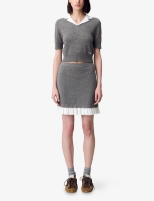 Claudie Pierlot Womens Mottled Grey Frill-trim Knitted Wool-cashmere Blend Skirt In Gray