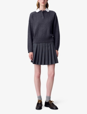 Claudie Pierlot Womens Mottled Grey Peter Pan-collar Cable-knit Wool And Cashmere Jumper In Blue