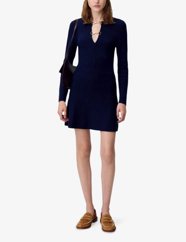 V-Neck Long-Sleeve Stretch-Knit Mini Dress