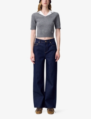 Claudie Pierlot Womens Mottled Grey Contrast-collar Cropped Wool And Cashmere Jumper In Gray