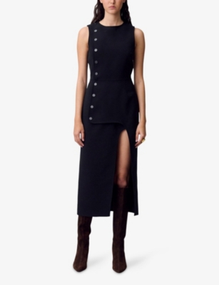 Claudie Pierlot Womens Black Button-down Round-neck Stretch-woven Midi Dress In Multi
