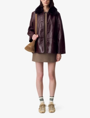 Claudie Pierlot Womens Burgundy Shearling-collar Relaxed-fit Leather Jacket In Brown