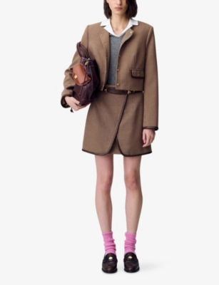 Claudie Pierlot Womens Multicolored Houndstooth Buckle-embellished Stretch-woven Mini Skirt In Brown