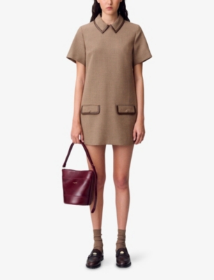 CLAUDIE PIERLOT: Houndstooth-Pattern Faux Leather-Trim Stretch-Woven Mini Dress