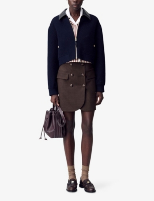 Claudie Pierlot Womens Brown Button-front Side-pocket Wool-blend Mini Skirt In Brown