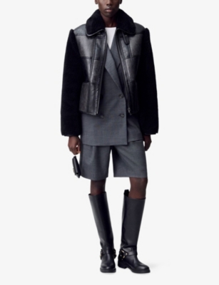 Claudie Pierlot Womens Black Grey Contrast-collar Mixed-material Jacket In Black