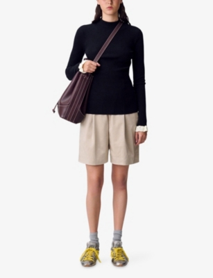 Claudie Pierlot Womens Black Contrast-cuff Pointelle-knit Stretch Wool-blend Jumper Xs In Black