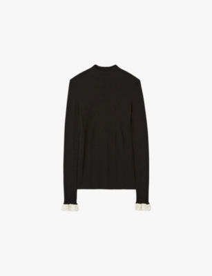 Claudie Pierlot Womens Black Contrast-cuff Pointelle-knit Stretch Wool-blend Jumper Xs In Black