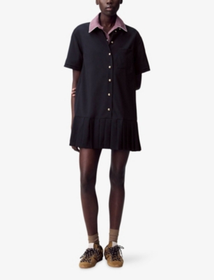 Claudie Pierlot Womens Navy Short-sleeved Pleated-skirt Wool-blend Mini Dress In Blue