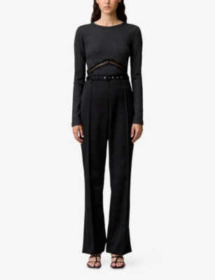 CLAUDIE PIERLOT: Straight-Leg Belted-Waist Satin Trousers