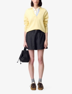 Claudie Pierlot Womens Gris Chine Fonce Wide-pleated Buckled Wool Blend Shorts In Black