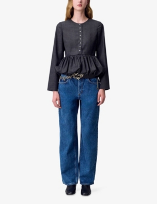 Claudie Pierlot Womens Mottled Grey Round-neck Peplum-hem Wool-blend Top In Blue