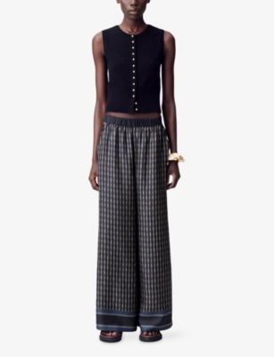 Claudie Pierlot Womens Dark Print Graphic-print Wide-leg Woven Trousers In Black