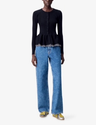 Claudie Pierlot Womens Black Frill-trim Slim-fit Knitted Cardigan In Black