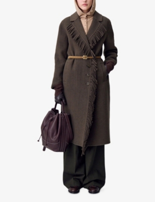 Claudie Pierlot Womens Khaki Fringed Belted-waist Long Wool-blend Coat In Brown
