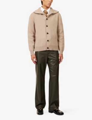 Bottega Veneta Mens Sparrow Compact High-collar Knitted Wool Cardigan In Brown