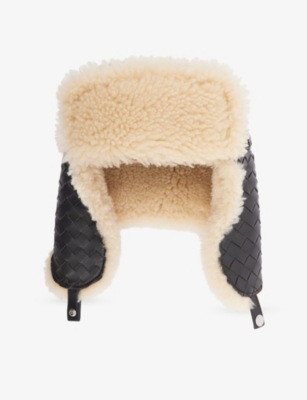 Bottega Veneta Mens Fondant/dune Intrecciato Shearling-lined Leather Trapper Hat