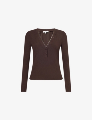 Frame Womens Coffee The Henley Ribbed Modal-jersey Top In Brown