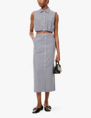 Frame Womens Navy Multi Check-print Button-front Cotton Midi Skirt In Gray