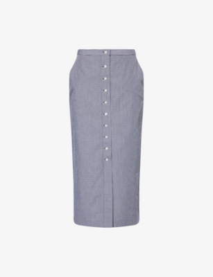 Frame Womens Navy Multi Check-print Button-front Cotton Midi Skirt In Gray