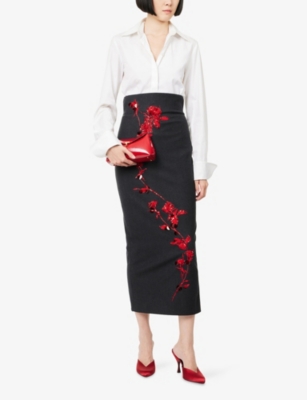 Alberta Ferretti Womens Grey Floral-embroidery High-waist Stretch-wool Blend Midi Skirt In Black