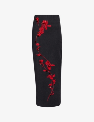 Alberta Ferretti Womens Grey Floral-embroidery High-waist Stretch-wool Blend Midi Skirt In Black