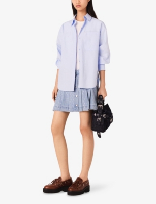 MAJE: Rhinestone-Embellished Pleated Denim Mini Skirt