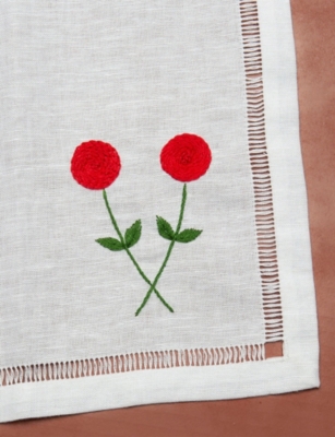 Gohar World Ite Twin Rose-embroidered Cotton And Linen-blend Napkins Set Of Two In White