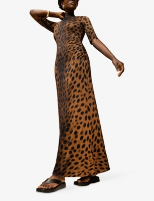 RO&ZO: Leopard-Print High-Neck Jersey Maxi Dress