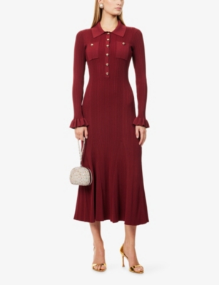 Self-portrait Button-embellished Ribbed-knit Midi Dress In Burgundy