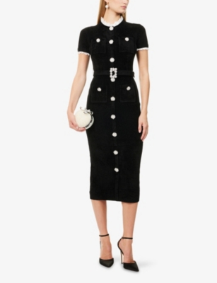 Self-portrait Womens Black Crystal-embellished Lace-trim Chenille-knit Midi Dress In Black