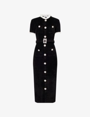 Self-portrait Womens Black Crystal-embellished Lace-trim Chenille-knit Midi Dress In Black