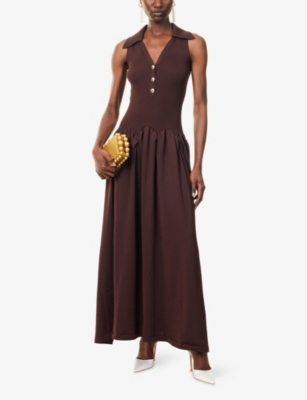 Self-portrait Embellished Ribbed-knit And Poplin Maxi Dress In Brown